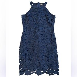 Lulus Love Poem Large Navy Blue Lace Overlay With Halter Top Dress